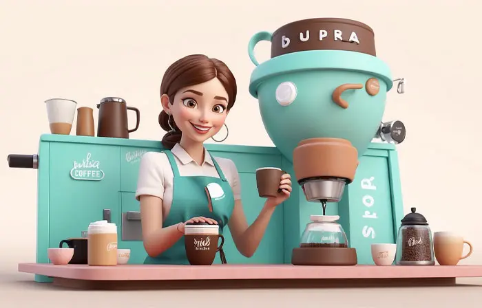 Female Barista Making Coffee 3D Character Design Illustration image